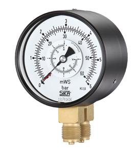 Type MDS, nominal sizes 00 and 60 mm SIKA differential pressure gauges with two bourdon tubes are economical instruments for measuring two different pressures and indication of the differential