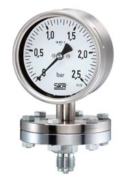 Diaphragm pressure gauges, safety version Type MPE-S, nominal sizes 00 and 60 mm Pressure gauges with horizontal diaphragm allow to find suitable versions for even difficult kinds of media, such as