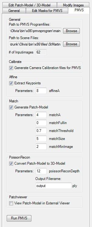 4. PMVS Furukawas PMVS Software (PatchBased MultiView Stereo): Kommandozeilenprogramm. Parameter über ThreeDUB definierbar.