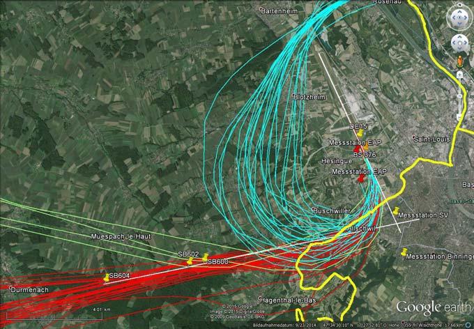 Fluggeräuschmessung mit der mobilen Messstation - Standort: Ranspach-le-bas - Auswertungszeitraum: 19/04/2013 26/08/2013, EuroAirport: Radarspuren der beiden konventionellen Prozeduren am 29.7.