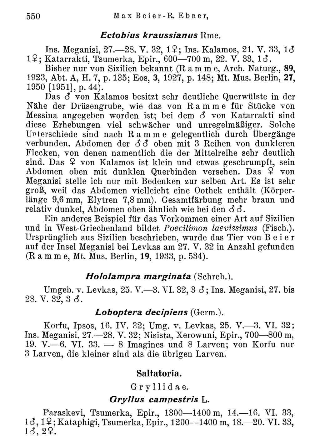 550 Max Beier -R. Ebner, Akademie d. Wissenschaften Wien; download unter www.biologiezentrum.at Ectobius kra.ussia.nus Rme. Ins. Meganisi, 2 7.-2 8. Y. 32, 1 $ ; Ins. Kalamos, 21. Y. 33, 16 1 $ ; Katarrakti, Tsumerka, Epir.