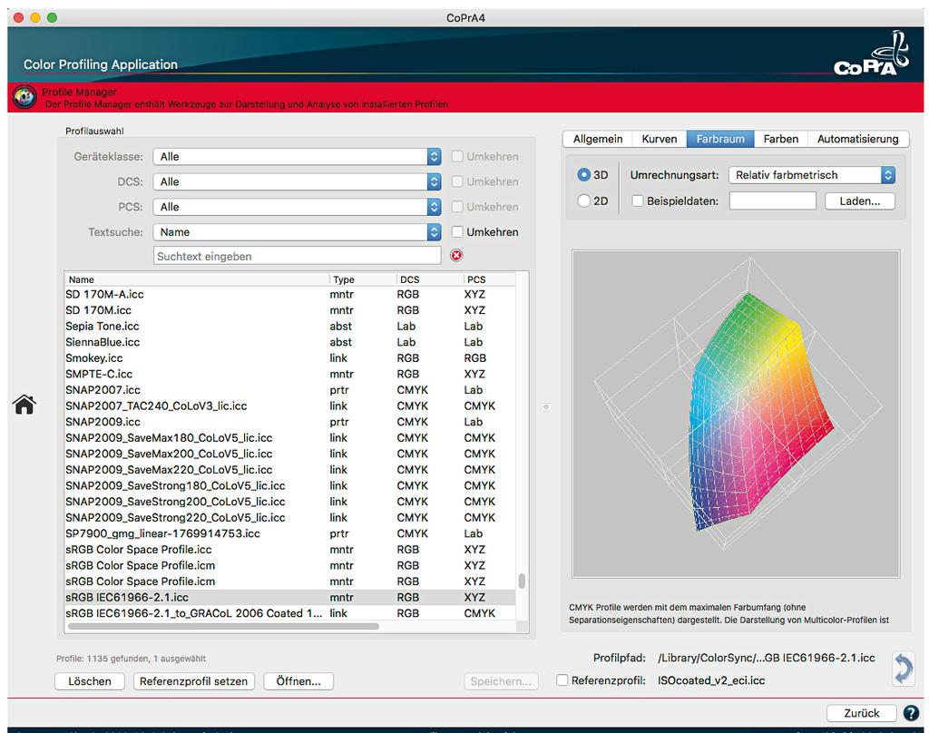 Batch Übersicht Die Stapelverarbeitung in CoPrA erlaubt es allen Anwendern, parallel Hauptfenster Profile Manager mit 3D-Gamutansicht FIG 5.