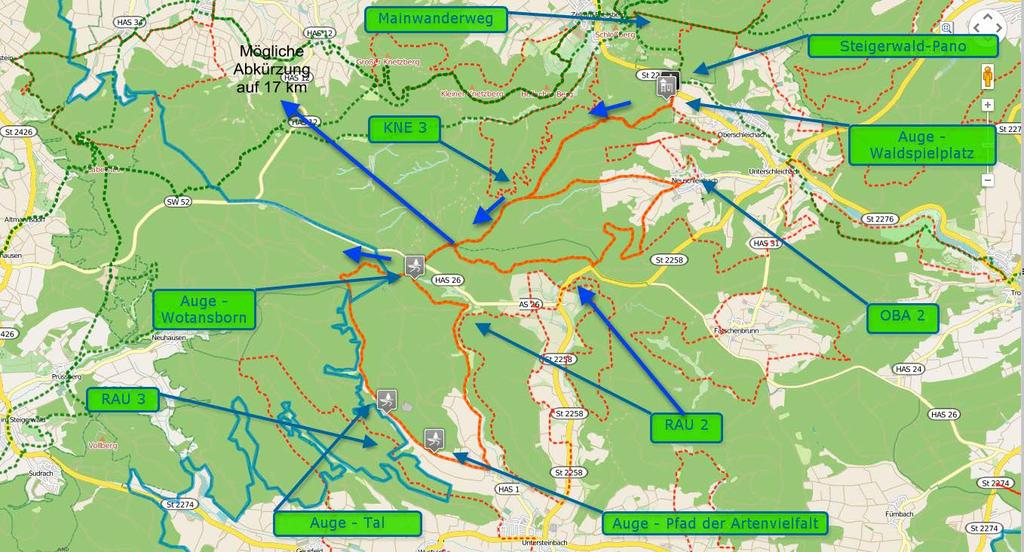 Erl e bnisweg Laufparadies d zu besonderen en OBA1 OBERAURACH Distanz: 29 km Gesamtanstieg 344 m 500 m 450 m 350 m 5 km RAU3 KNE3 Obersteinbach Zell a.