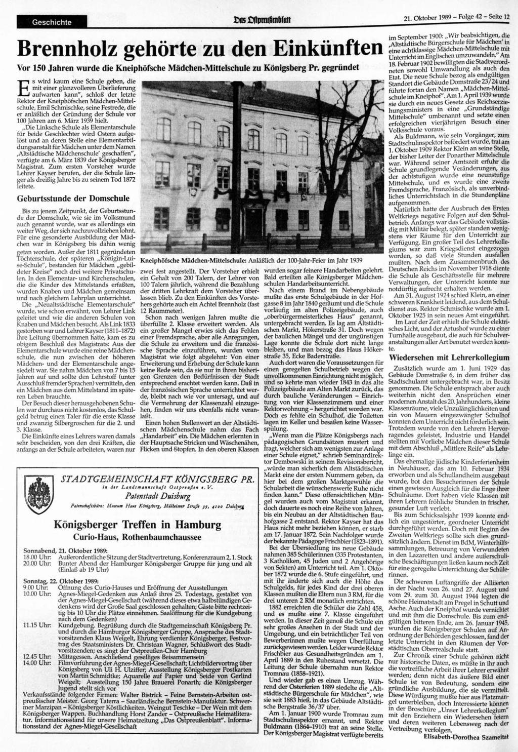 Geschichte >05 >fipmifintdialt 21. 1989 - Folge 42 - Seite 12 Brennholz gehörte zu den Einkünften Vor 150 Jahren wurde die Kneiphöfsche Mädchen-Mittelschule zu Königsberg Pr.