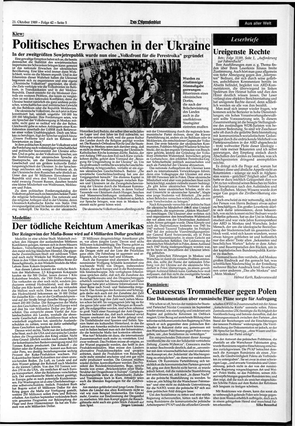 21. 1989 - Folge 42 - Seite 5 05 Cflprtufirnbfflii Aus aller Welt In der zweitgrößten Sowjetrepublik wurde nun eine Volksfront für die Perestroika" gegründet Eine gewaltige Erruption bahnt sich an,