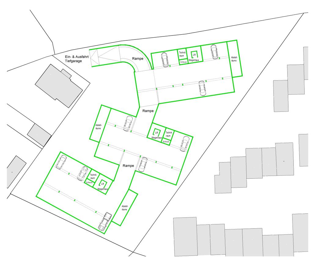 Tiefgarage Jeder Wohnblock (1,2 & 3) besitzt eine Tiefgarage, die untereinander mit Rampen verbunden sind.