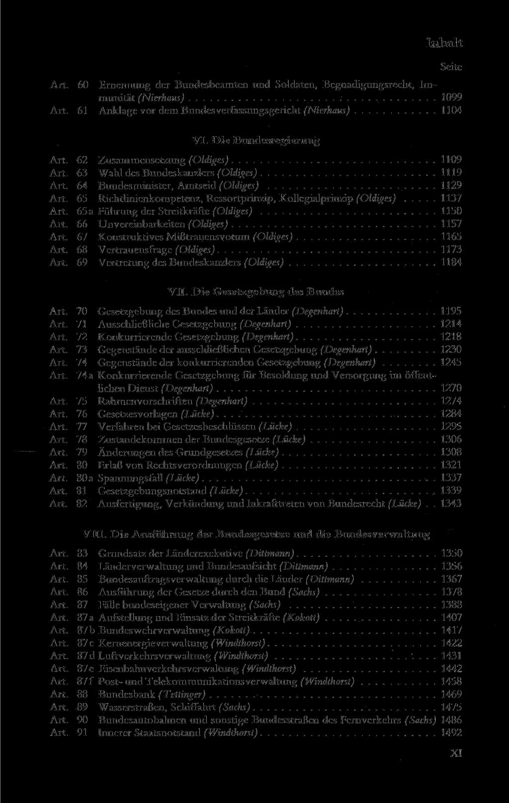 Art. 60 Ernennung der Bundesbeamten und Soldaten, Begnadigungsrecht, Immunität (Nierhaus) 1099 Art. 61 Anklage vor dem Bundesverfassungsgericht (Nierhaus) 1104 VI. Die Bundesregierung Art.