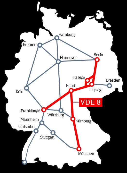 Berlin München VDE 8 Die Schnellfahrstrecke Berlin München (VDE 8) komplettiert das deutsche Hochgeschwindigkeitsnetz im Osten Kernnetz Deutschld Schneller: Bahn wird bis zu 2 Stunden schneller als