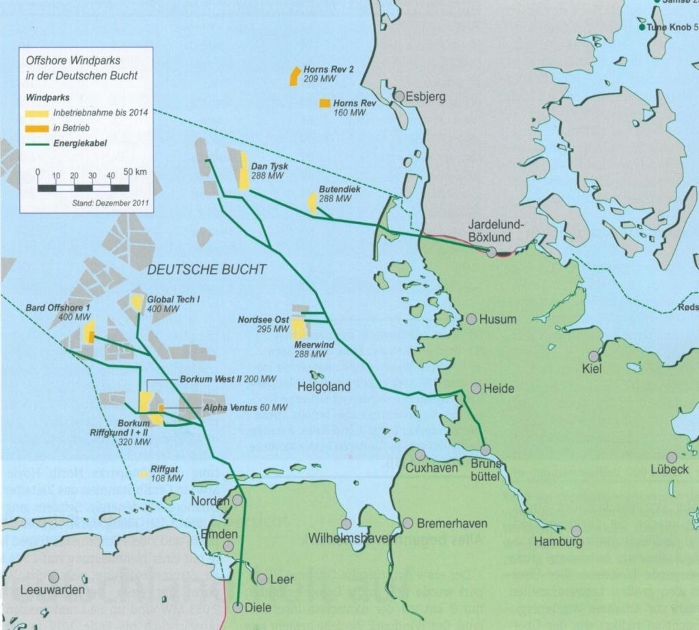 Planned offshore windparks and cable lines in Germany (North Sea, beginning of 2011) The dark yellow projects