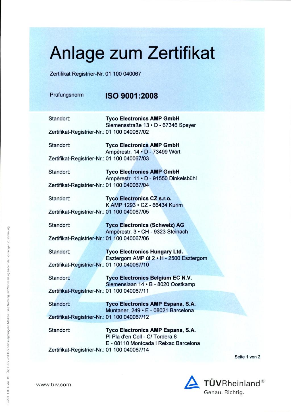 Anlage zum Zertifikat Zertifikat Registrier-Nr. 01 100 040067 PrOfungsnorm IlLm111111111111111111.111111 Tyco Electronics AMP GmbH Siemensstrafle 13 D - 67346 Speyer Zertifikat-Registrier-Nr.