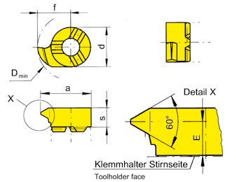 GEWINDEDREEN (innen) Teilprofil TREADING (internal) Partial profile SCNEIDPLATTE 111 INSERT e Bohrungs-Ø ab Steigung Bore Ø from Pitch 11,00 mm 0,50-1,75 mm e 125 B111 F Metrisches ISO Feingewinde