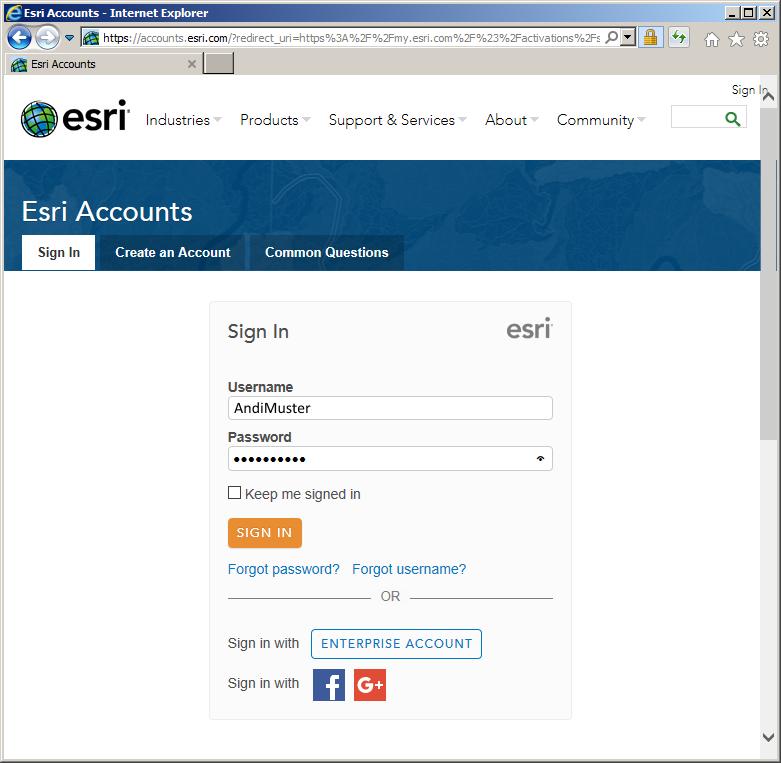 Abb. 10: Login auf der Esri Accounts Webseite 12. Auf der Esri Accounts Webseite ist es erforderlich Ihre Kundeninformationen erneut einzugeben.