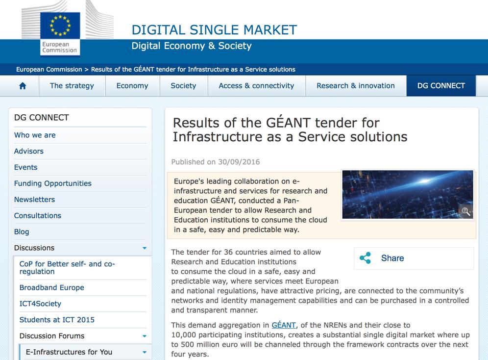 Pan-Europäische Ausschreibunge durch GÉANT als grenzenübergreifende zentrale Beschaffungsstelle unter Nutzung der aktuellen EU- Beschaffungsrichtlinie (2014/24/EU) Ergebnis: Rahmenvereinbarungen mit