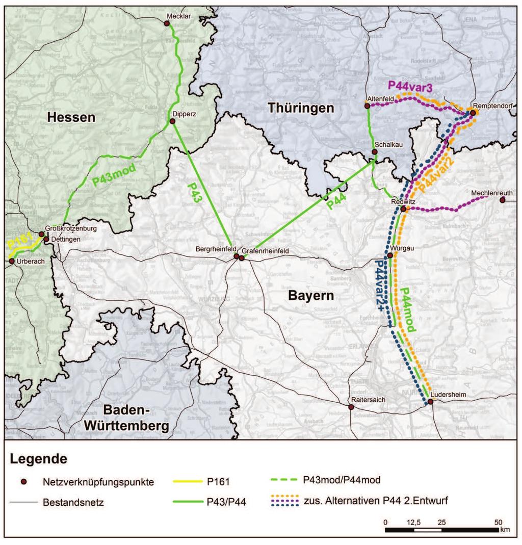 BUNDESNETZAGENTUR 131 Übersicht der geprüften Alternativen bei den Projekten P43 und P44 Um die zukünftigen Energietransporte nach Hessen, Baden-Württemberg und vor allem nach Bayern netzseitig