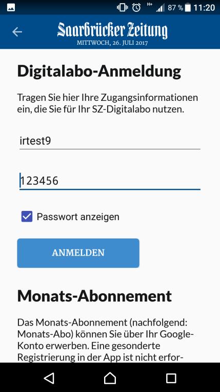 App: Login-Daten eingeben Der Nutzer gibt hier seine Login- Daten ein (Nutzername und