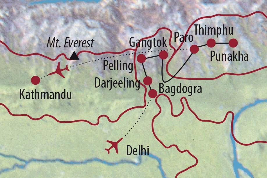 Von den grünen Teeplantagen in Darjeeling gelangen Sie entlang einer grandiosen Bergkette in das ehemalige Königreich Sikkim.