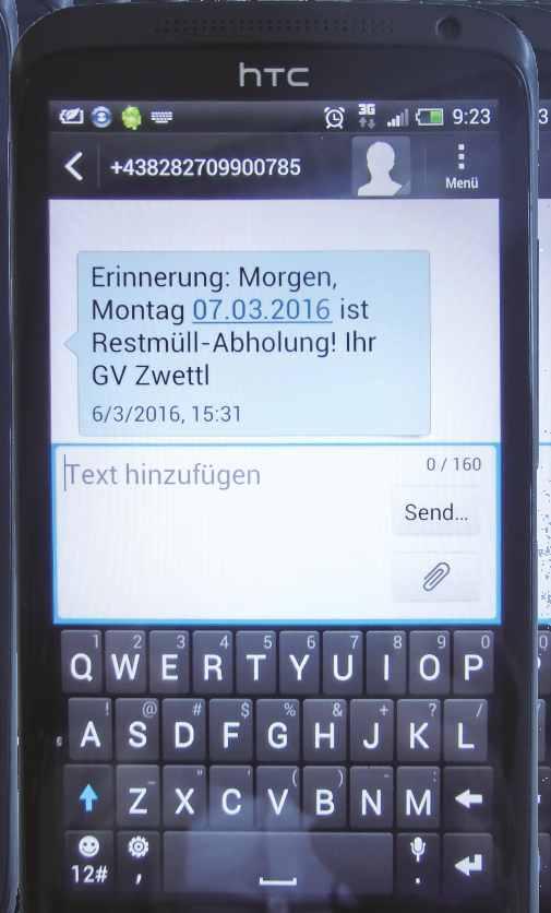 SMS-Erinnerungsservice Morgen Restmüll-Abholung oder Gelber