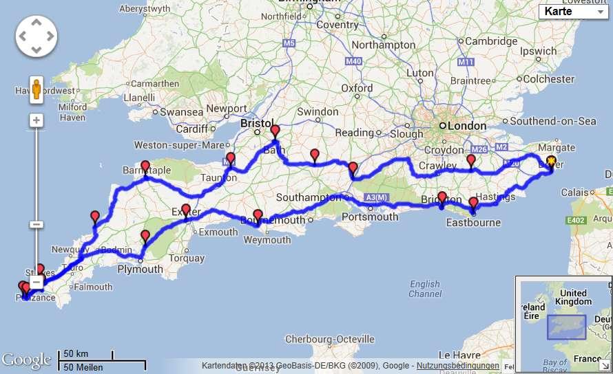 Cornwall-Reise Hier erst mal ein Überblick über die gesamte Tour, beginnend und endend in Dover. Folkstone (Tunnel) liegt 20 km unterhalb von Dover.