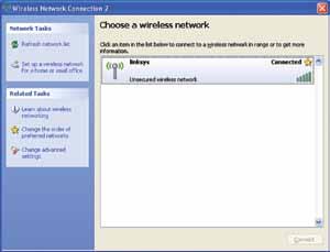 Integrierte Wireless-Netzwerkeinrichtung des Betriebssystems Sobald die Verbindung aktiv ist, wird das Wireless-Netzwerk als Connected (Verbunden) aufgeführt.