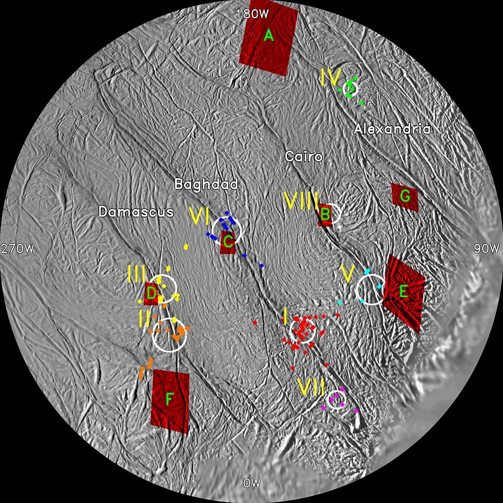 1 Einleitung Abbildung 1.3: Links: Nahaufnahme der Tiger Stripes genannten Spalten am Enceladus- Südpol.