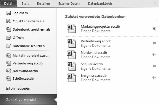 Access kennenlernen 3 Zuletzt verwendete Datenbanken öffnen Im Register DATEI werden im linken Fensterbereich standardmäßig bis zu vier Datenbanken, die Sie zuletzt geöffnet hatten, angezeigt.