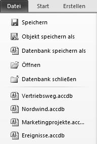 Weitere zuletzt verwendete Datenbanken öffnen Im Register DATEI wird bei aktivierter Kategorie ZULETZT VERWENDET eine Liste mit bis zu 17 Datenbanken, die Sie zuletzt geöffnet hatten, angezeigt.