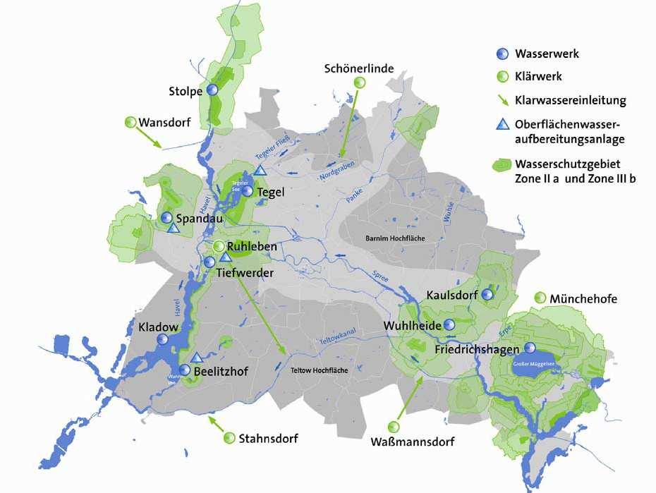 Berlin Trinkwassergewinnung und Abwassereinleitung räumlich sehr nahe beieinander und für 3,5 mio Einwohner Abwassereinleitung (Kläranlagenablauf) in Flüsse,