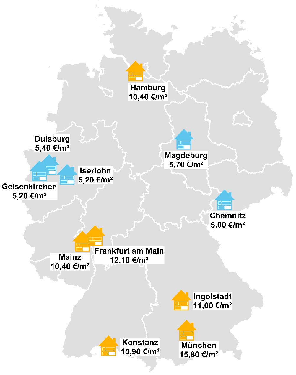 Mietpreisvergleich deutscher Universitätsstädte: Höchste und niedrigste Preise für WG-Wohnungen WG-taugliche Wohnungen ( /m²) München 15,80