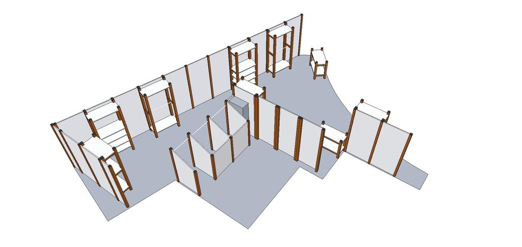 In diesem Beispiel geht es darum, ein relativ verwinkelte Grundfläche von gesamt 69 m² optimal mit Umkleidekabine, Regalen und Präsentationstischen zu gestalten, gleichzeitig aber auch eine