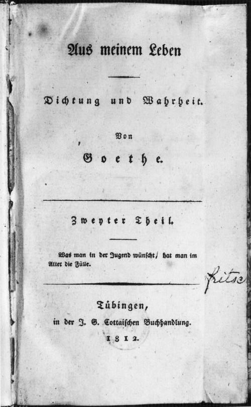 Die Uneinheitlichkeit der Schreibung kann man auf dem Beispiel der Titelseite des Werkes Aus meinem Leben. Dichtung und Wahrheit von Johann Wolfgang Goethe aus dem Jahre 1812 sehen.
