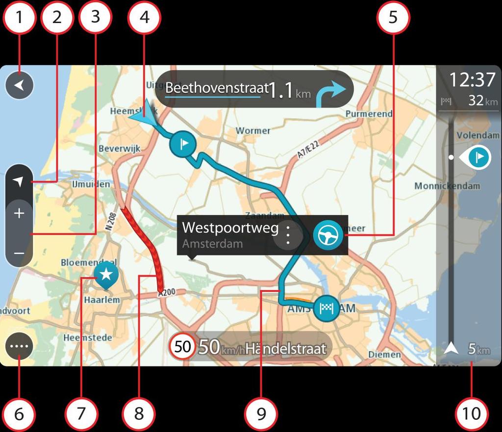 Elemente auf dem Display Die Kartenansicht Die Kartenansicht wird eingeblendet, wenn Sie Ihr Navigationsgerät einschalten und keine Route geplant ist.