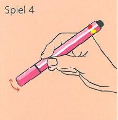 Geeigneter Stift: Easygraph Farbkarussell: Ein Stift wird in Schreibhaltung über die Längskante gedreht: nach links und nach rechts. Nun farbige Klebepunkte auf den Flächen anbringen.
