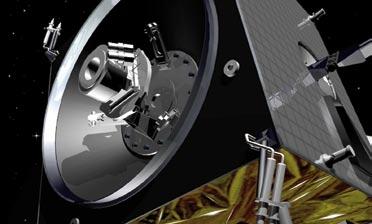 Abb. 1: Die Raumsonde SMART- 1 vor dem Mond. Inset: Durchsichtsskizze der Sonde SMART-1. (Bild: ESA) Abb. 2: Das Triebwerk von SMART-1 im eingebauten Zustand. (Bild: ESA) Abb. 3: Schematische Darstellung des stationären Plasmatriebwerks von SMART-1.