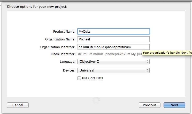DEMO: MyQuiz Setzen von Product Name und Organization Identifier 27.04.