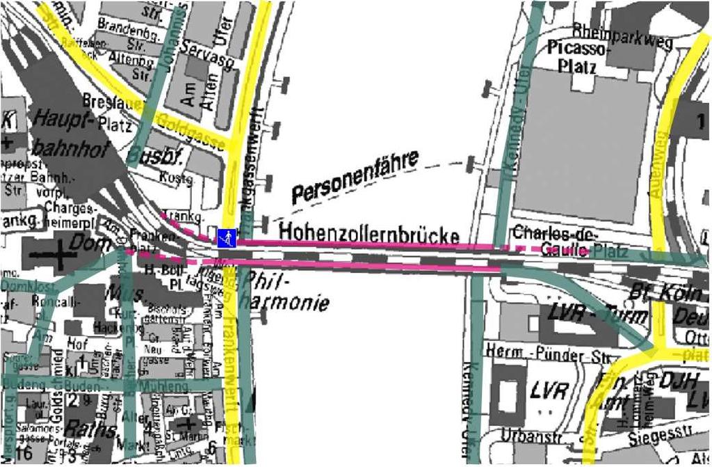 Abbildung 6-23: Radverkehrsführung an der Hohenzollernbrücke Zoobrücke Die Zoobrücke ist mit 108.000 Kraftfahrzeugen pro Tag die am stärksten belastete Brücke der Innenstadt.
