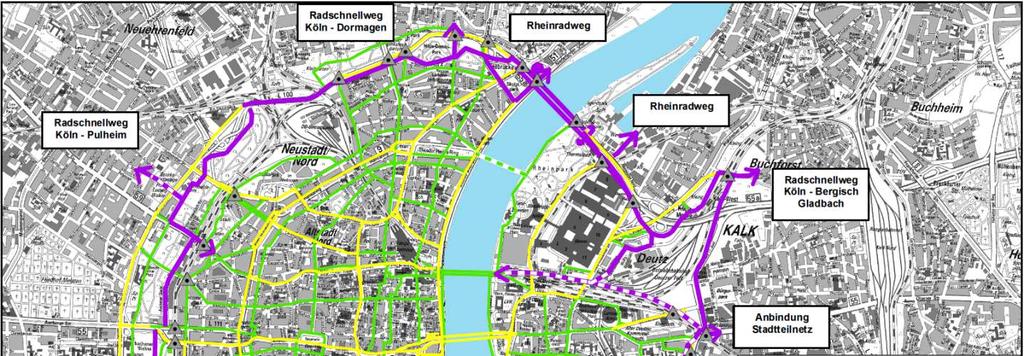 Innerhalb dieses Rings wird es in der Kölner Innenstadt keine Radschnellwege geben, da das Hauptnetz bereits mit sehr hohen Qualitätsstandards geplant wird und die Bündelungsfunktion einer