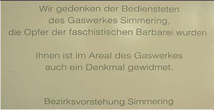 An die Bediensteten des Gaswerkes Simmering, die Ofer der faschistischen Barbarei wurden. 51.