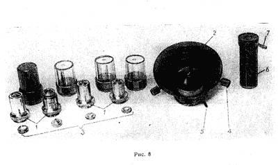 IV. KONSTRUKTION Allgemeine Ansicht des Geräts für die Beobachtung durch Phasenkontrast (eine Reihe von Objektiven, Kondensator und Hilfs-Mikroskop) in Abb.