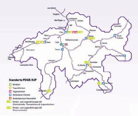 3.6 Psychiatrische Versorgung Standorte der psychiatrischen Angebote der PDGR und der KJP Die Psychiatrischen Dienste Graubünden (PDGR) und die Kinder- und Jugendpsychiatrie Graubünden (KJP)