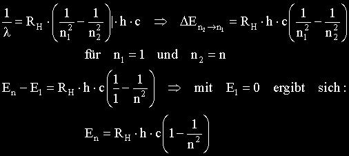 LÖSUNGEN A1 a) Wählt man als Energienullpunkt den Zustand mit n 1 = 1, so folgt: b) Für den Zahlenfaktor vor der Klammer ergibt sich: Für n = 1: E 1 = 0 ev; Für n = 2: Für n = 3: Für n =