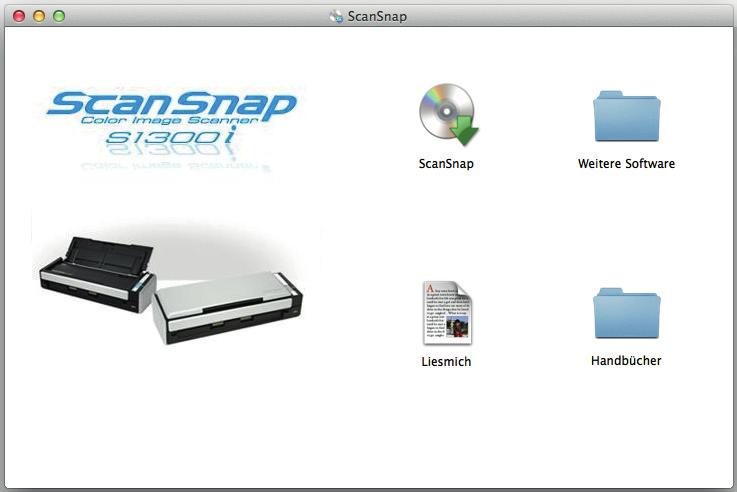 Installieren der Software Installieren der Software Wenn Sie die Setup DVD-ROM in das DVD-ROM Laufwerk Ihres Computers einlegen, wird das [ScanSnap] Fenster angezeigt.