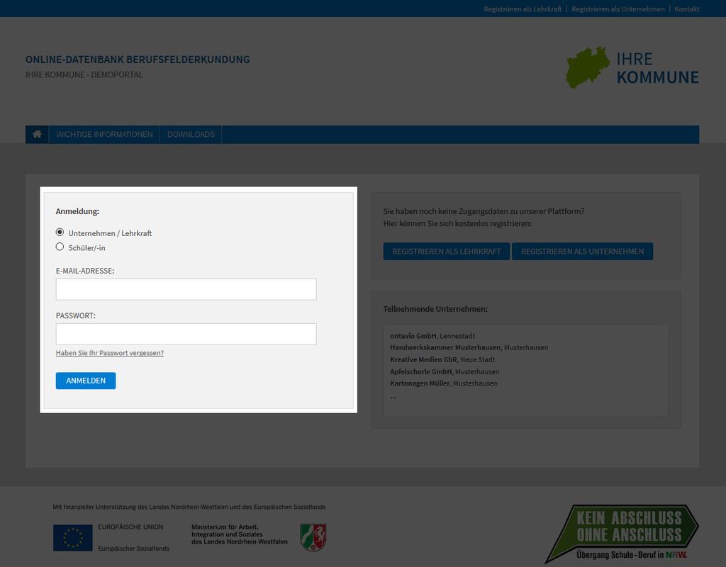 1) Registrierung und Anmeldung Anmeldebereich auf der Startseite Auf der Startseite des Buchungsportals finden Sie auf der linken Seite die Anmeldemaske, über die Sie sich ins Portal einloggen können.