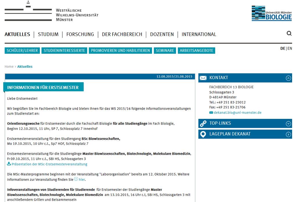 Webseite des Fachbereichs 13 (Biologie) Informieren Sie