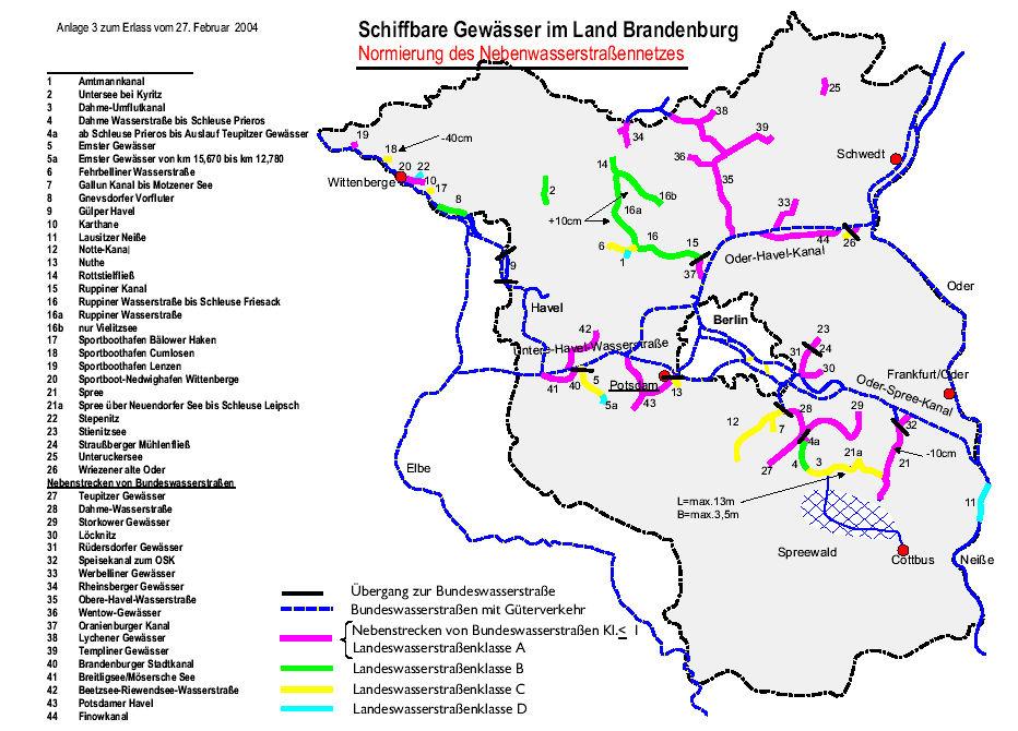 Bezogen auf die Teilregion südöstlich von Berlin sind drei Wassersportgebiete mit der Landeswasserstraßenklasse C eingestuft: der Notte- Kanal mit dem Mellensee, der Dahme-Umflut- Kanal und die