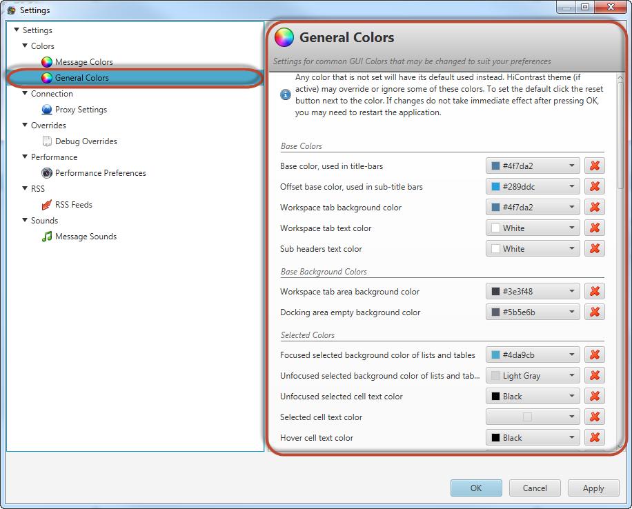 Workspace anpassen General Colors Sie können das Farbschema des Workspace im Menü General Colors anpassen. Klicken Sie im Menü Windows auf Preferences und dann auf General Colors.