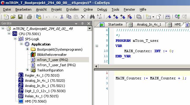 Eigene SPS-Anwendung Erstellung des Programm-Codes Für die ersten Schritte mit der Soft-SPS wurde das Programm mtron_t_user in der