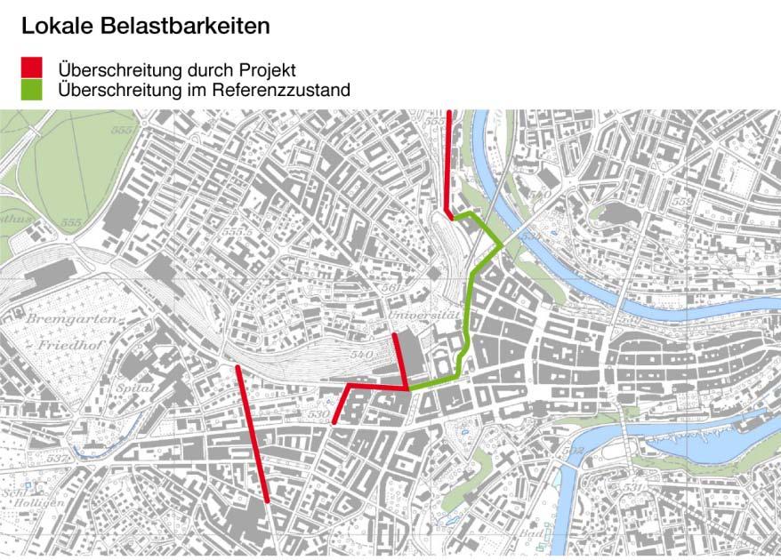 Abbildung 50: Beispiel Reserven Belastbarkeiten (beco 2011) Die Abbildung zeigt das Strassennetz der Stadt Bern, die Einfärbungen zeigen die Situationen in Bezug auf die Belastbarkeit.