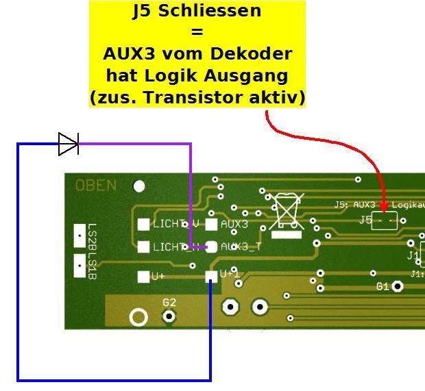 3.2.3 Anschluss Ausgang AUX3 AUX3 kann z.b. für eine Führerstands-Beleuchtung verwendet werden. Da es Lokdekoder mit verstärktem AUX3 gibt und auch welche mit einem sog.