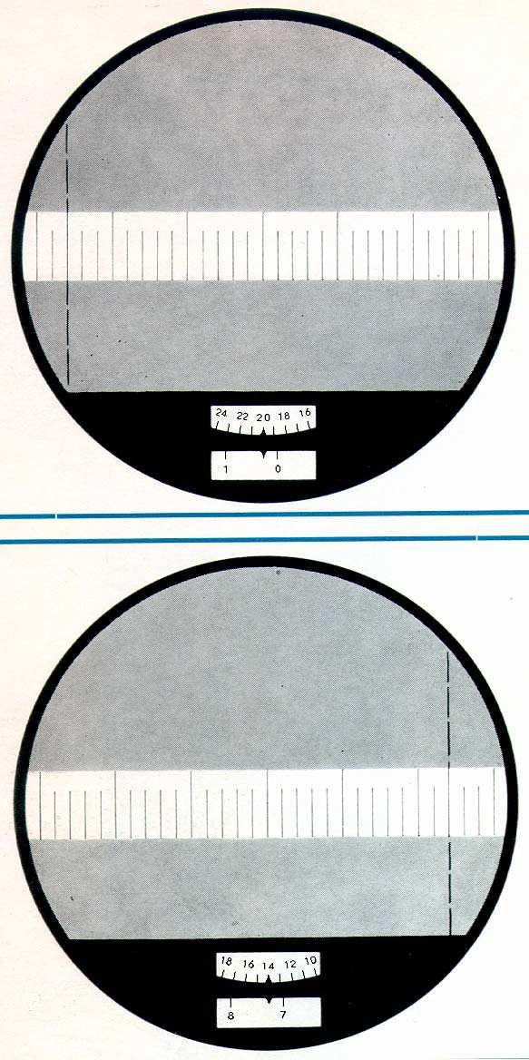 Ableseeinrichtung Beim Einblick in das Okular erscheint im Sehfeld ein Betrachtungsausschnitt vom Prüfling (in der Abbildung ist eine Objektmessplatte zu sehen), ein unterbrochener senkrechter Strich