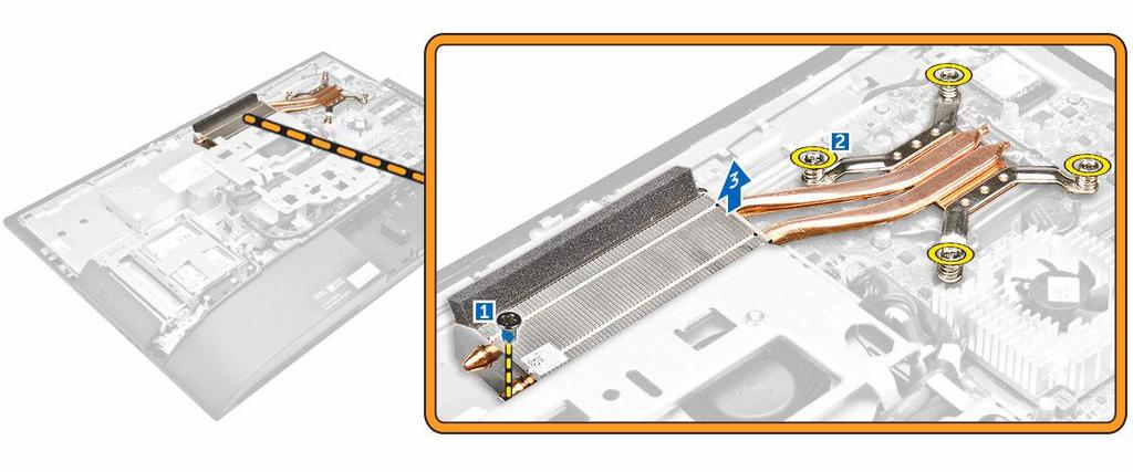 Entfernen des Kühlkörpers 1. Folgen Sie den Anweisungen unter Vor der Arbeit an Komponenten im Inneren des Computers. 2. Entfernen Sie folgende Komponenten: a. Standrahmen b. hintere Abdeckung c.